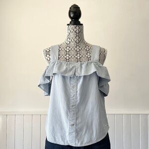 Twig Blue & White Striped Boho Ruffled Cold Shoulder Tank Top Size M